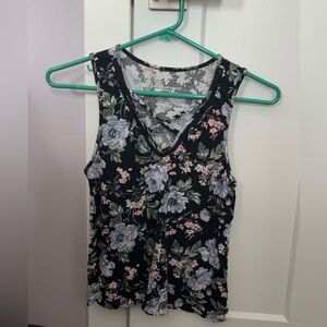 American Eagle Outfitters Black Floral V-Neck Tank with Lavender Accents